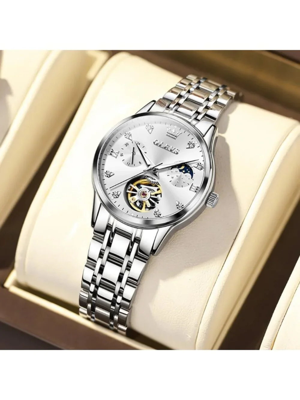 Women’s Silver White Automatic Starry Sky Diamond Bezel Luxury Mechanical Watch